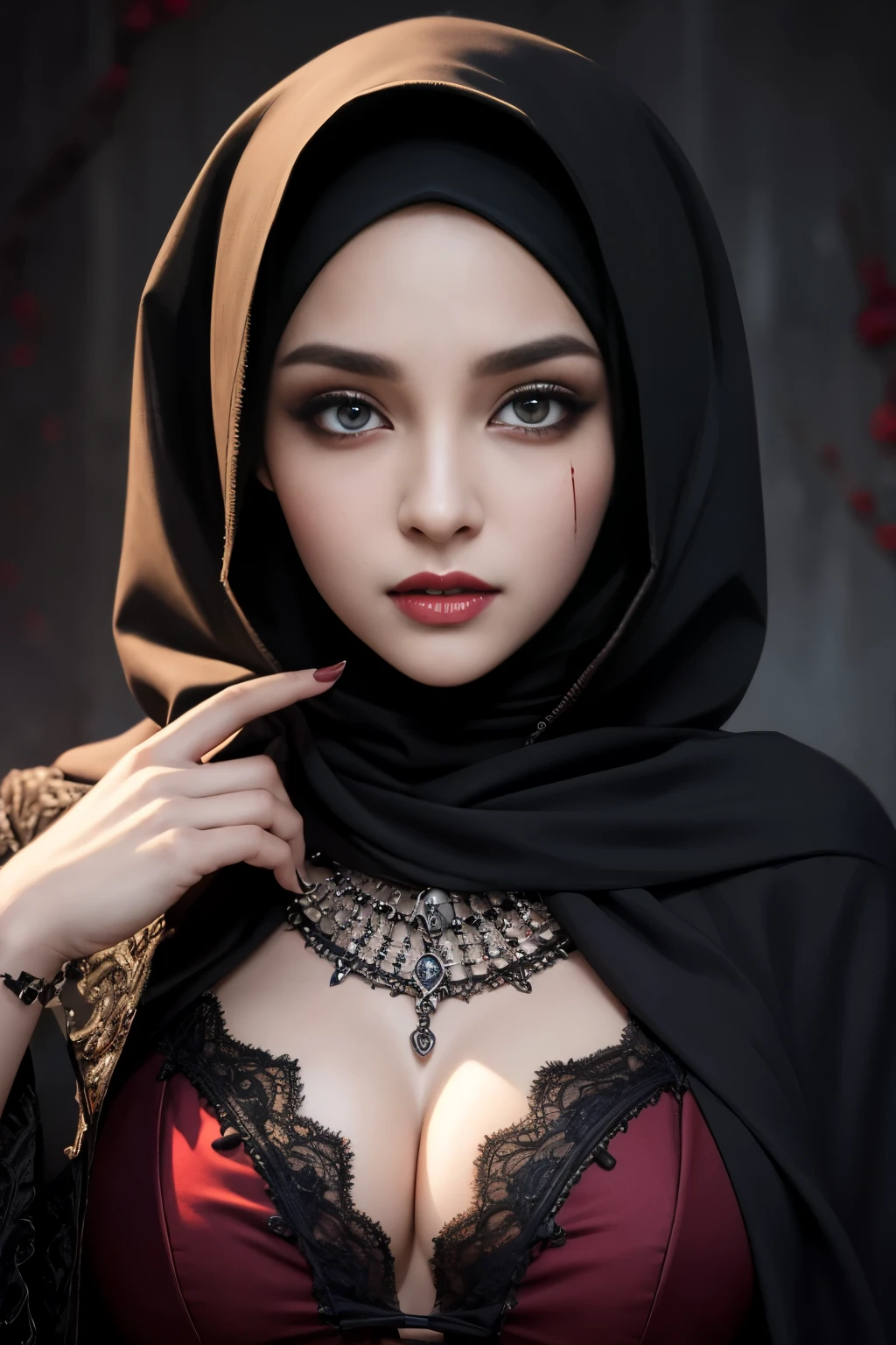 blood, horror, fang, vampire, cleavage, hijabi, Absurd, ultra-detailed, high quality, masterpiece, detailed face, beautiful eyes(detailed eyes)