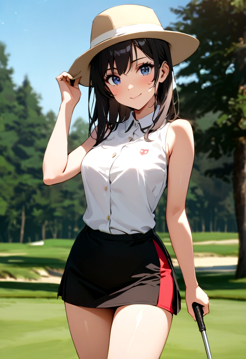 sound　high resolution　8k beauty　Woman playing golf　Golf course　Beautiful woman　Timid　Black Hair　　Golf Wear　mini skirt　smile　　looking at the camera　nice shot　No sleeve　Ten-gallon hat　Blonde