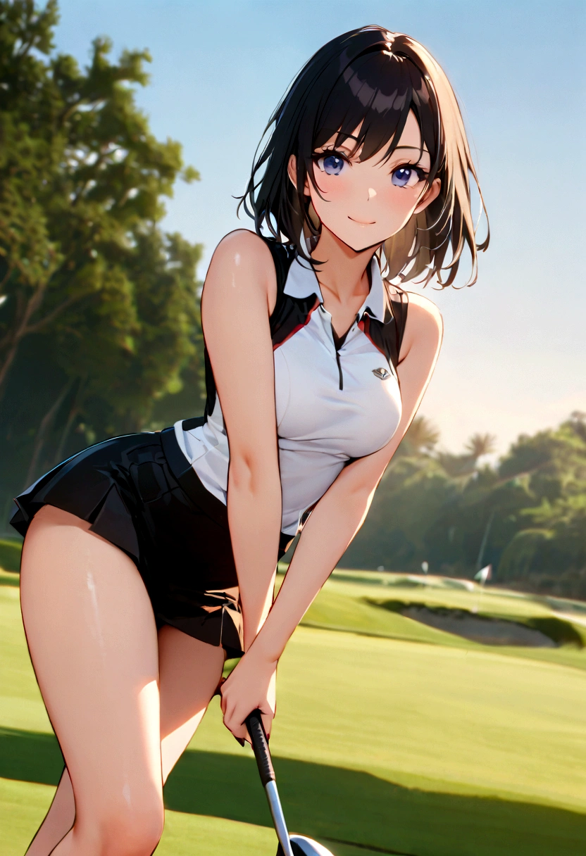 sound　high resolution　8k beauty　Woman playing golf　Golf course　Beautiful woman　Timid　Black Hair　　Golf Wear　mini skirt　smile　　looking at the camera　nice shot　No sleeve　Ten-gallon hat　Blonde