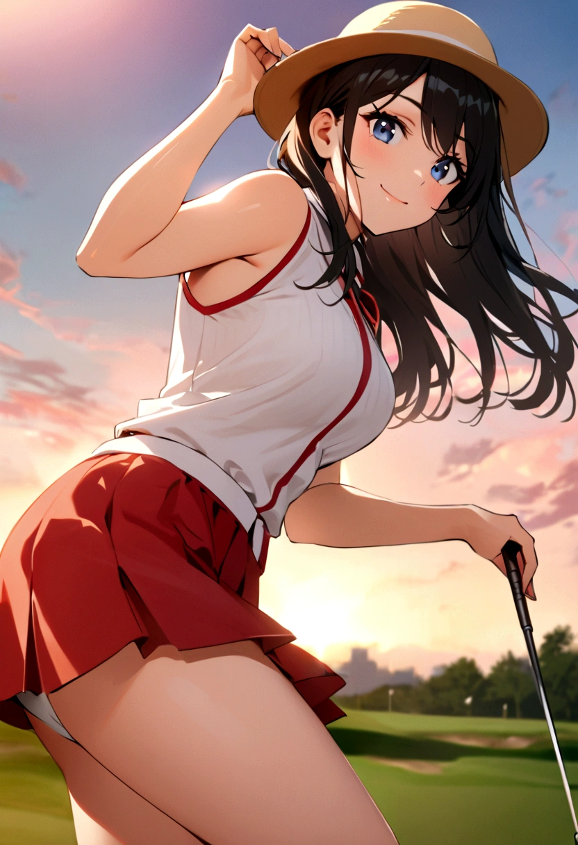 sound　high resolution　8k beauty　Woman playing golf　Golf course　Beautiful woman　Timid　Black Hair　　Golf Wear　mini skirt　smile　　looking at the camera　nice shot　No sleeve　Ten-gallon hat　Blonde