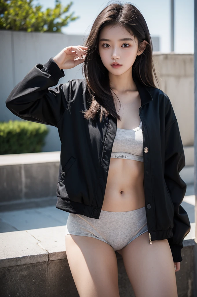 Photography of 20-year-old women, Perfect face, masterpiece, OK, underwear, Black_OK, jacket, Black_