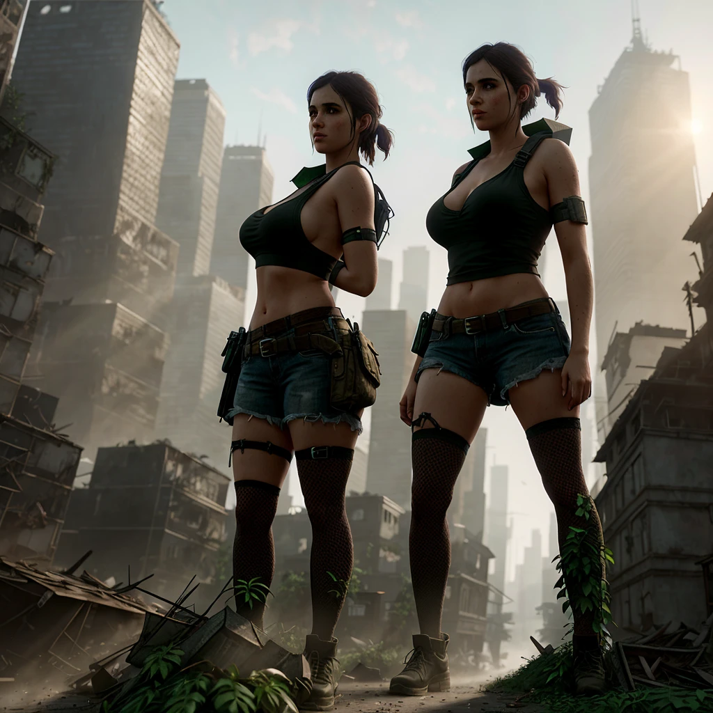 a woman, ellie enormous massive gigantic big large fat breasts enormous massive gigantic big large fat ass bimbo, half body, (backpack:0.6), ((looking at viewer)), (ruined city background:1.3), (apocalypse:1.3), oppressive atmosphere, (Artstation:1.3), (intricate:1.1), (highly detailed:1.2), (digital painting:1.2), (sharp focus:1.2), (illustration:1.1), (3d:0.9), (3d_bacground:0.9), 8 k., fog, animals, postapocalyptic, overgrown with plant life and ivy, artgerm, octane render, unreal engine