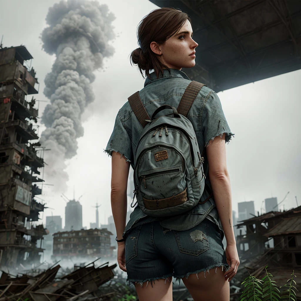 a woman, ellie enormous massive gigantic big large fat breasts enormous massive gigantic big large fat ass bimbo, half body, (backpack:0.6), ((looking at viewer)), (ruined city background:1.3), (apocalypse:1.3), oppressive atmosphere, (Artstation:1.3), (intricate:1.1), (highly detailed:1.2), (digital painting:1.2), (sharp focus:1.2), (illustration:1.1), (3d:0.9), (3d_bacground:0.9), 8 k., fog, animals, postapocalyptic, overgrown with plant life and ivy, artgerm, octane render, unreal engine