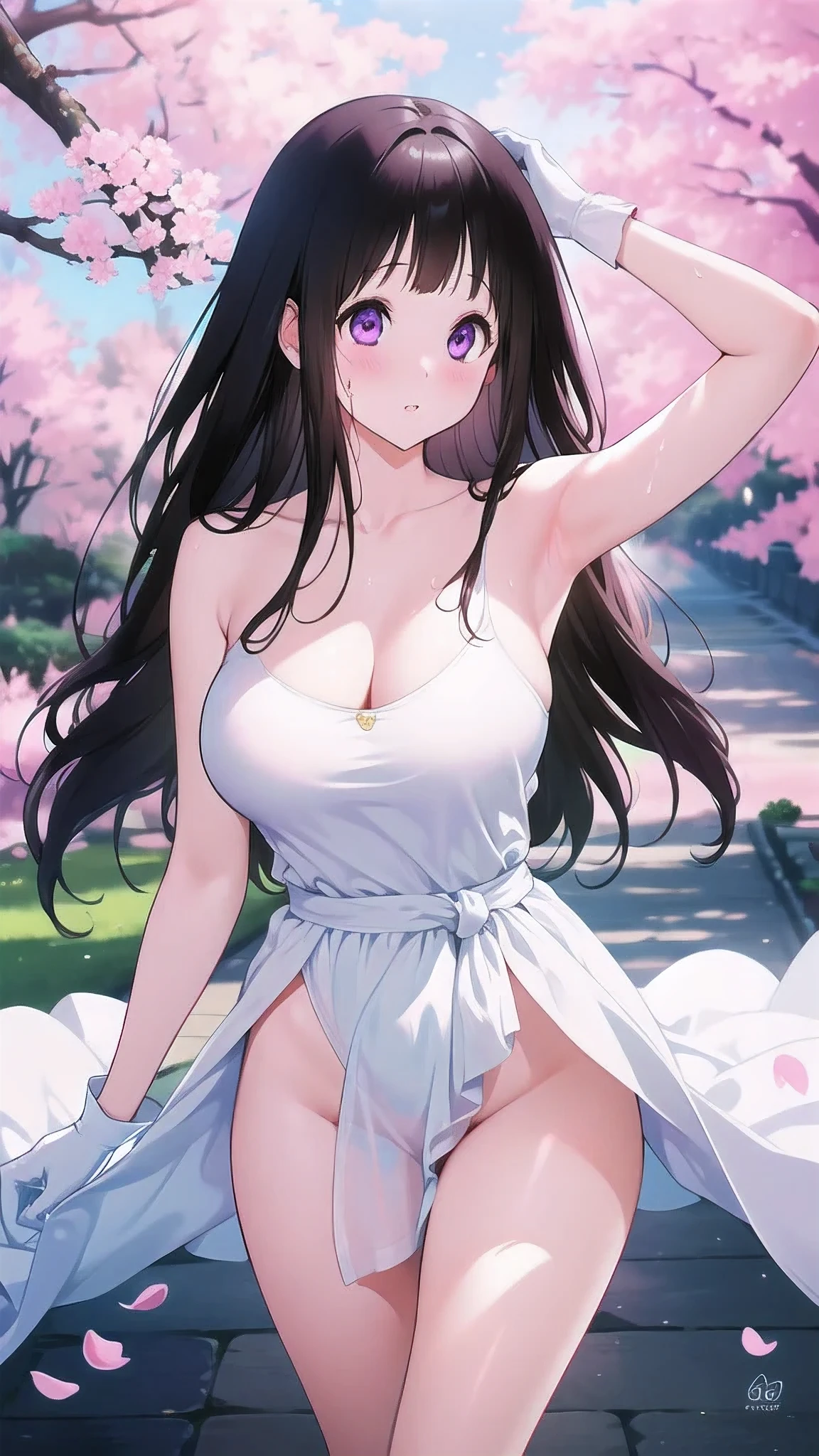 Amazing Chitanda, There is only one beautiful girl,Purple Eyes, Black Hair, Very red face,Very white skin,Glowing skin,Skin as delicate as porcelain,Naturally straight hair, Straight bangs,Extremely refined,Open lips,Long flowing hair,Beautiful Girl, Like a dream,Slim,Slim waist,Soft, (Sensual), (Kawaii), Dream quality,Beautiful big breasts,Show your armpits,Areola,Completely naked,White gloves,Flower decoration,Deep V neckline,Loose neckline,Wide neckline,Walking in school,Place your hands on your inner thighs,Sweaty and sweaty,Next to the cherry blossom trees,Back to,Lean over,Hips,Side body,Gluteal groove,Completely naked buttocks,Bare back,Completely naked back,Light transmission,no pants,pussy juice,Bare shoulders,Bare neck,Exposed collarbone,Exposing breasts,Exposing breasts side,Show your waist,Show your buttocks,Show your thighs,Exposing the groin,No pants,extremely shy,Ultra-high resolution, (masterpiece:1.2, best quality), (Delicate and beautiful eyes: 1.2), (Beautiful and delicate face)