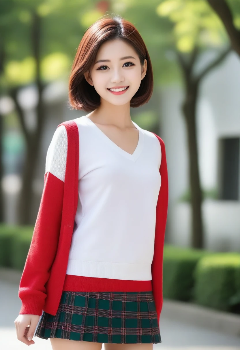 8k, Ultra-high resolution, Highest quality, masterpiece, 三分割法によるphotograph,Surreal, photograph, 1 girl, (:1.3), pretty girl, Cute face, Beautiful eyes in every detail, 細かくdetailedに,masterpiece,, One Girl:1.2, Japan Female Announcer,whole body,Young Wife,Urban area,street tree,green,White collared shirt,Red summer knit cardigan,Pencil Skirt、Full of cleanliness,A carefree smile,Healing the heart,Short Bob,Looking at the audience、beauty,Long neck、Laugh a little、Please close your mouth and laugh、(((Ideal body type))),A-cup small breasts :2,、Portraiture:2、Perfect Anatomy、鮮明なdetailed、detailed、Surreal、Light and shadow,Strong light