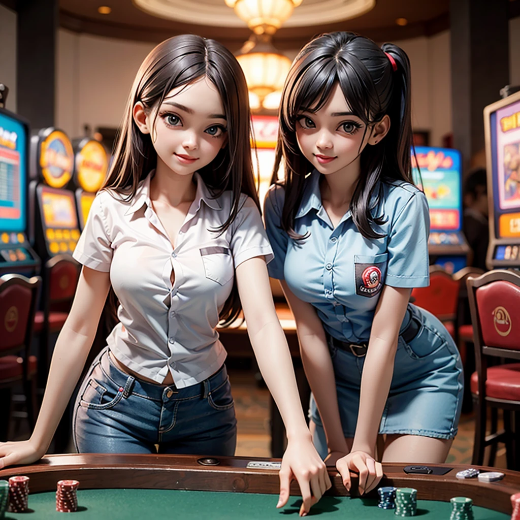 (masterpiece, best quality, high resolution), 19 years old, indonesia school girls, standing and teasing, perfect eyes, laugh, poker table, gambling, slot machine, baccarat, roulette, customer service, flirting you