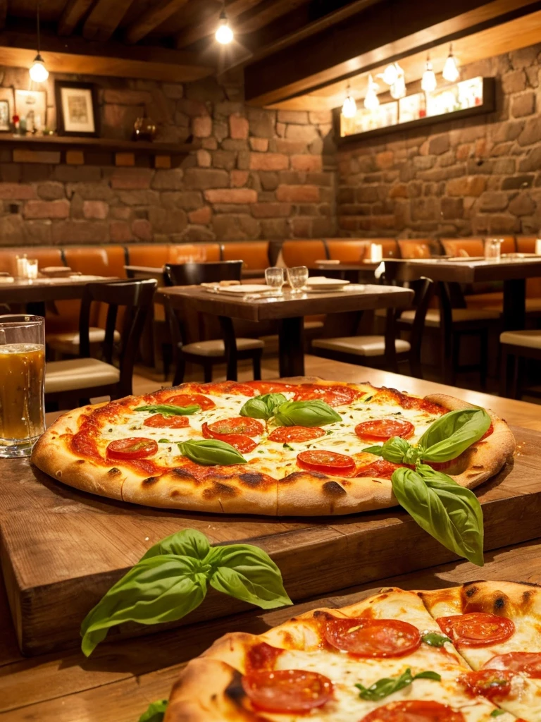 (masterpiece:1.1), high quality, high resolution, realistic, Italian style pizza, margherita pizza, fresh basil, mozzarella cheese, tomato sauce, crispy crust, hot and fresh, Italian restaurant setting, wooden table, warm lighting, detailed texture, delicious, appetizing