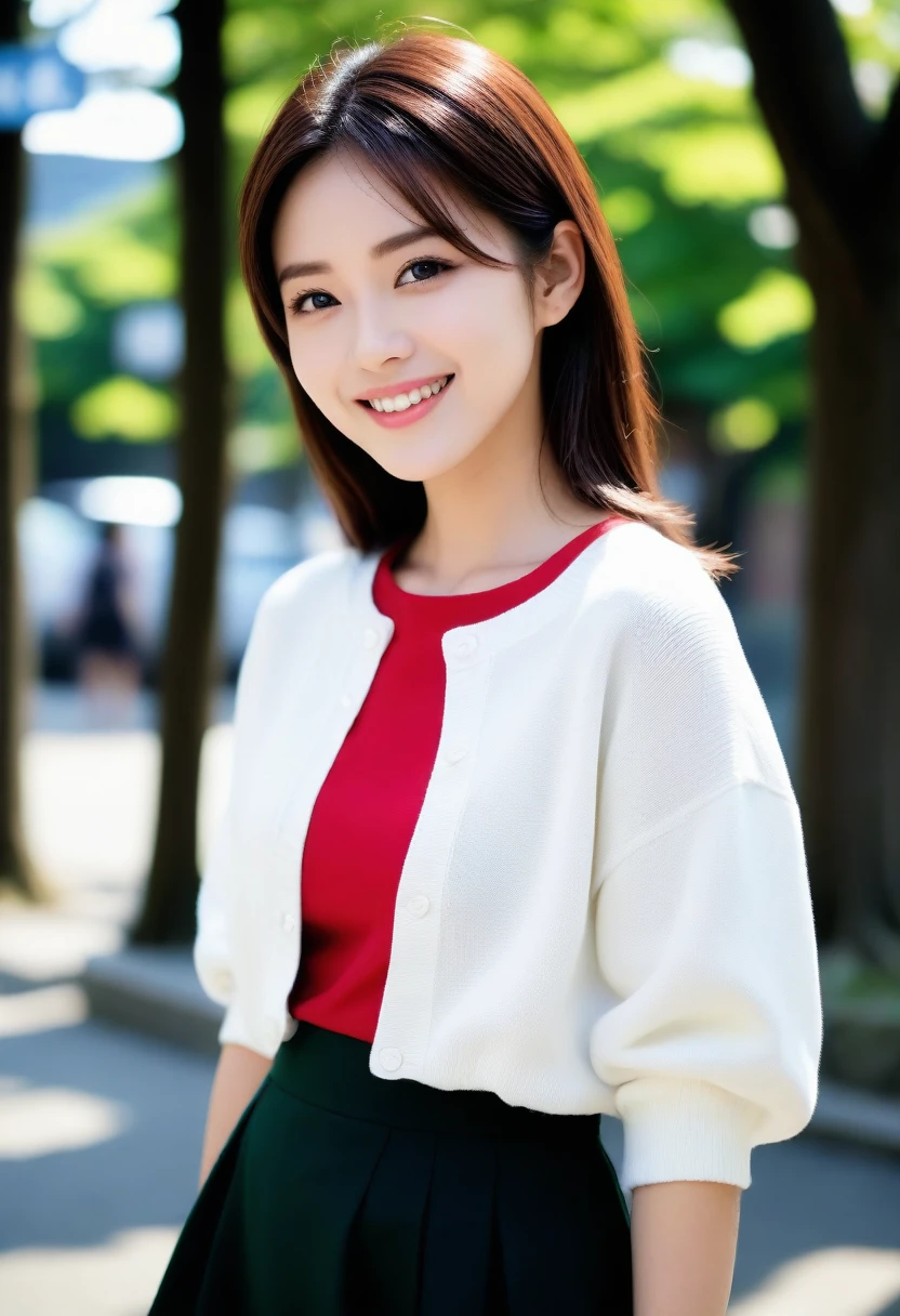 8k, Ultra-high resolution, Highest quality, masterpiece, 三分割法によるphotograph,Surreal, photograph, 1 girl, (16 years old:1.3), pretty girl, Cute face, Beautiful eyes in every detail, 細かくdetailedに,masterpiece,, One Girl:1.2, Japan Female Announcer,whole body,Young Wife,Urban area,street tree,green,White collared shirt,Red summer knit cardigan,Pencil Skirt、Full of cleanliness,A carefree smile,Healing the heart,Short Bob,Looking at the audience、beauty,Long neck、Laugh a little、Please close your mouth and laugh、(((Ideal body type))),A-cup small breasts :2,、Portraiture:2、Perfect Anatomy、鮮明なdetailed、detailed、Surreal、Light and shadow,Strong light