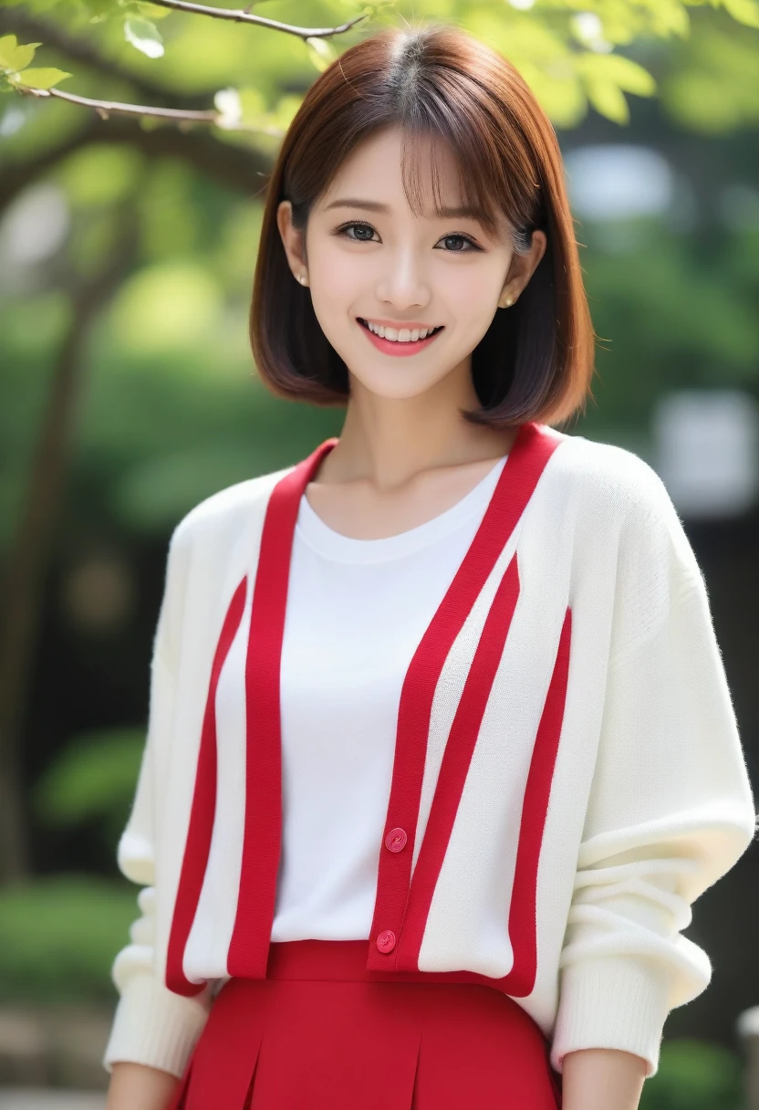 8k, Ultra-high resolution, Highest quality, masterpiece, 三分割法によるphotograph,Surreal, photograph, 1 girl, (:1.3), pretty girl, Cute face, Beautiful eyes in every detail, 細かくdetailedに,masterpiece,, One Girl:1.2, Japan Female Announcer,whole body,Young Wife,Urban area,street tree,green,White collared shirt,Red summer knit cardigan,Pencil Skirt、Full of cleanliness,A carefree smile,Healing the heart,Short Bob,Looking at the audience、beauty,Long neck、Laugh a little、Please close your mouth and laugh、(((Ideal body type))),A-cup small breasts :2,、Portraiture:2、Perfect Anatomy、鮮明なdetailed、detailed、Surreal、Light and shadow,Strong light