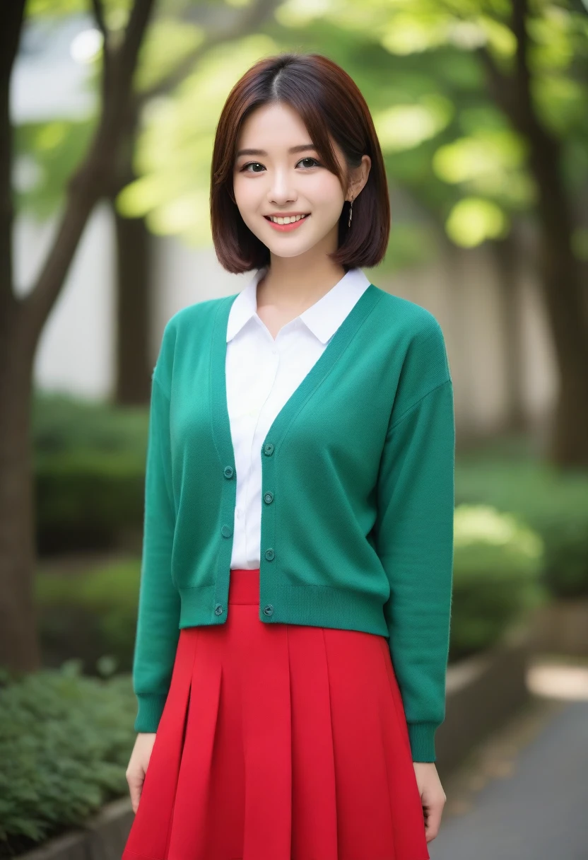 8k, Ultra-high resolution, Highest quality, masterpiece, 三分割法によるphotograph,Surreal, photograph, 1 girl, (:1.3), pretty girl, Cute face, Beautiful eyes in every detail, 細かくdetailedに,masterpiece,, One Girl:1.2, Japan Female Announcer,whole body,Young Wife,Urban area,street tree,green,White collared shirt,Red summer knit cardigan,Pencil Skirt、Full of cleanliness,A carefree smile,Healing the heart,Short Bob,Looking at the audience、beauty,Long neck、Laugh a little、Please close your mouth and laugh、(((Ideal body type))),A-cup small breasts :2,、Portraiture:2、Perfect Anatomy、鮮明なdetailed、detailed、Surreal、Light and shadow,Strong light