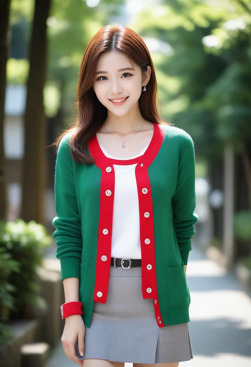 8k, Ultra-high resolution, Highest quality, masterpiece, 三分割法によるphotograph,Surreal, photograph, 1 girl, (:1.3), pretty girl, Cute face, Beautiful eyes in every detail, 細かくdetailedに,masterpiece,, One Girl:1.2, Japan Female Announcer,whole body,Young Wife,Urban area,street tree,green,White collared shirt,Red summer knit cardigan,Pencil Skirt、Full of cleanliness,A carefree smile,Healing the heart,Short Bob,Looking at the audience、beauty,Long neck、Laugh a little、Please close your mouth and laugh、(((Ideal body type))),A-cup small breasts :2,、Portraiture:2、Perfect Anatomy、鮮明なdetailed、detailed、Surreal、Light and shadow,Strong light