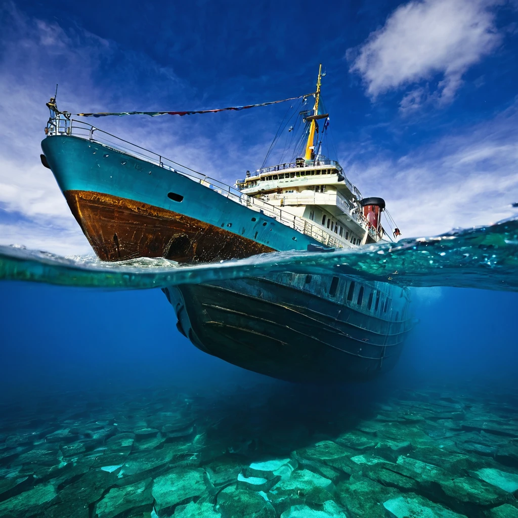 Sea,Underwater Ship,The waves lapping against the boat,the 60's,Lots of people by the sea,man,woman,British,Hugged,respectively,pain,Low saturation photography,high quality,high resolution