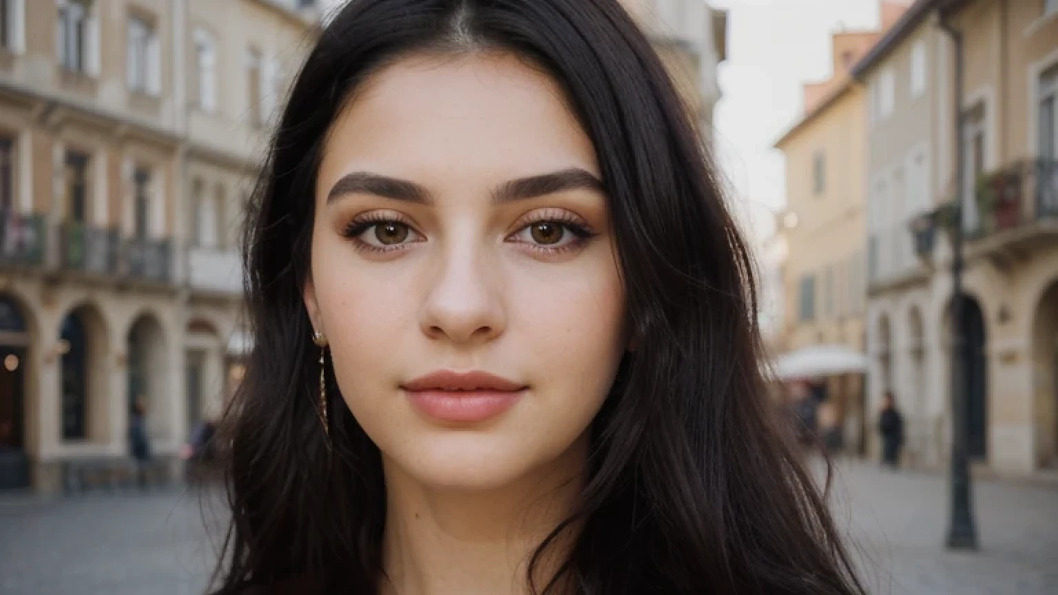 portrait, headshot photo, nice beautiful european anxious young lady, [location] ​​in the background, oblong face shape, elongated cheeks, mullets hairstyle, black hair color, upper lip with a sharp cupid’s bow, art makeup, thin eyebrows, boho fashion style, realistic skin, ultradetailed, detailed composition, symmetrical, photorealistic accuracy, ultra detailed