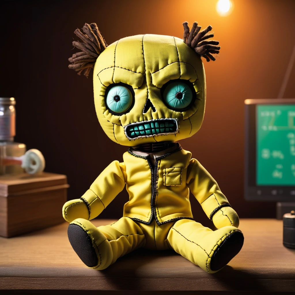 (knitted toy voodoo doll:1.5), sitting on the podium, solid color around, (Walter White from Breaking Bad:1.0), in Walter White's clothes, the atmosphere of the series Breaking Bad, best quality, masterpiece, detailed soft oil painting, detailed background, dramatic cinematic lighting, soft edge lighting, professional, dramatic lighting, hard edge lighting, ultra quality, 4k, masterpiece, best quality, 8k, ultra high definition, high resolution, extremely detailed