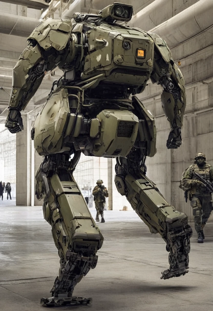 Military human soldier stepping on a robot's head