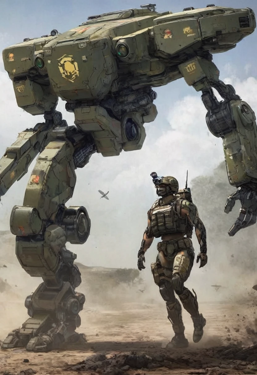 Military human soldier stepping on a robot's head