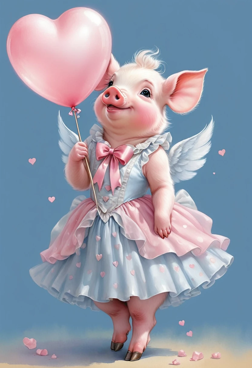 A whimsical and dreamy watercolor illustration of a cotton candy pink pig from the early 1890s, oozing pure cuteness. The pig is anthropomorphically rendered in a dynamic, ultra-realistic pose, showcasing its fluffy features and expressive textures. Wearing a pink organza ribbon with heart polka dots, it exudes charm and grace. The primary color palette is pastel dust pink, with an ethereal light illuminating the scene, giving off a nostalgic glow. The artwork draws inspiration from renowned artists like Hajime Sorayama, Damien Hirst, Quentin Blake, Alberto Vargas, and Zdzislaw Beksinski, resulting in a delicate, neutral color scheme and timeless atmosphere. This enchanting illustration, painting, and watercolor masterpiece combines to create a captivating, painting, illustration