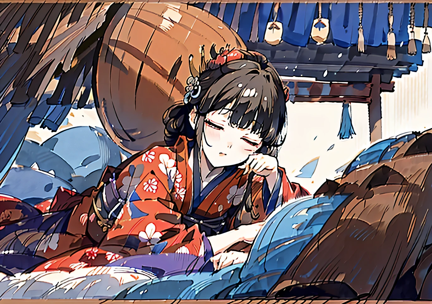 masterpiece, Highest quality, Highest quality, masterpiece, High resolution, concentrated,Japan,Japanese,Japan,Japanese style,Waka,Chihayafuru,words,vocabulary,Sleep,Sleep Learning,Twelve-layered kimono,