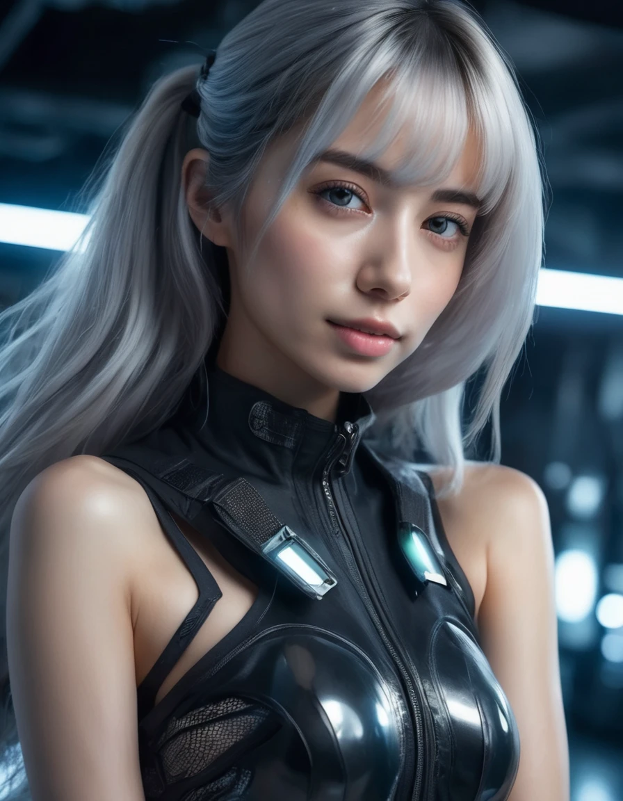 (nsfw:1.2), (masterpiece, Best Quality, hyper Realistic:1.6),
BREAK
A beautiful, sexy young woman, an Instagram model, with high detail, looking happy. Posed in a wide-angle, gravure style with her arms behind her head, and her full body in the frame. She has a very slim waist, perfectly balanced soft, large breasts with noticeable cleavage, large buttocks, and long, beautiful legs. She is dressed in glamorous clothing that highlights her sculptural beauty. Her realistic soft skin has a silky, slightly oily texture. She has a small head, detailed facial features, and eyes, with a cute, pretty slim face, a half-open duck mouth, and perfect teeth. Her gray hair is neatly arranged, and she is looking directly at the viewer. She is wearing detailed black sexy cyber gear with soft textures and a minimalistic beauty, including advanced technical sneakers. Her stance is harmonious.
She is in a dimly lit room with brilliantly glowing white neon lights. The setting is the interior of a futuristic colony, with mist drifting and steam rising from the concrete.