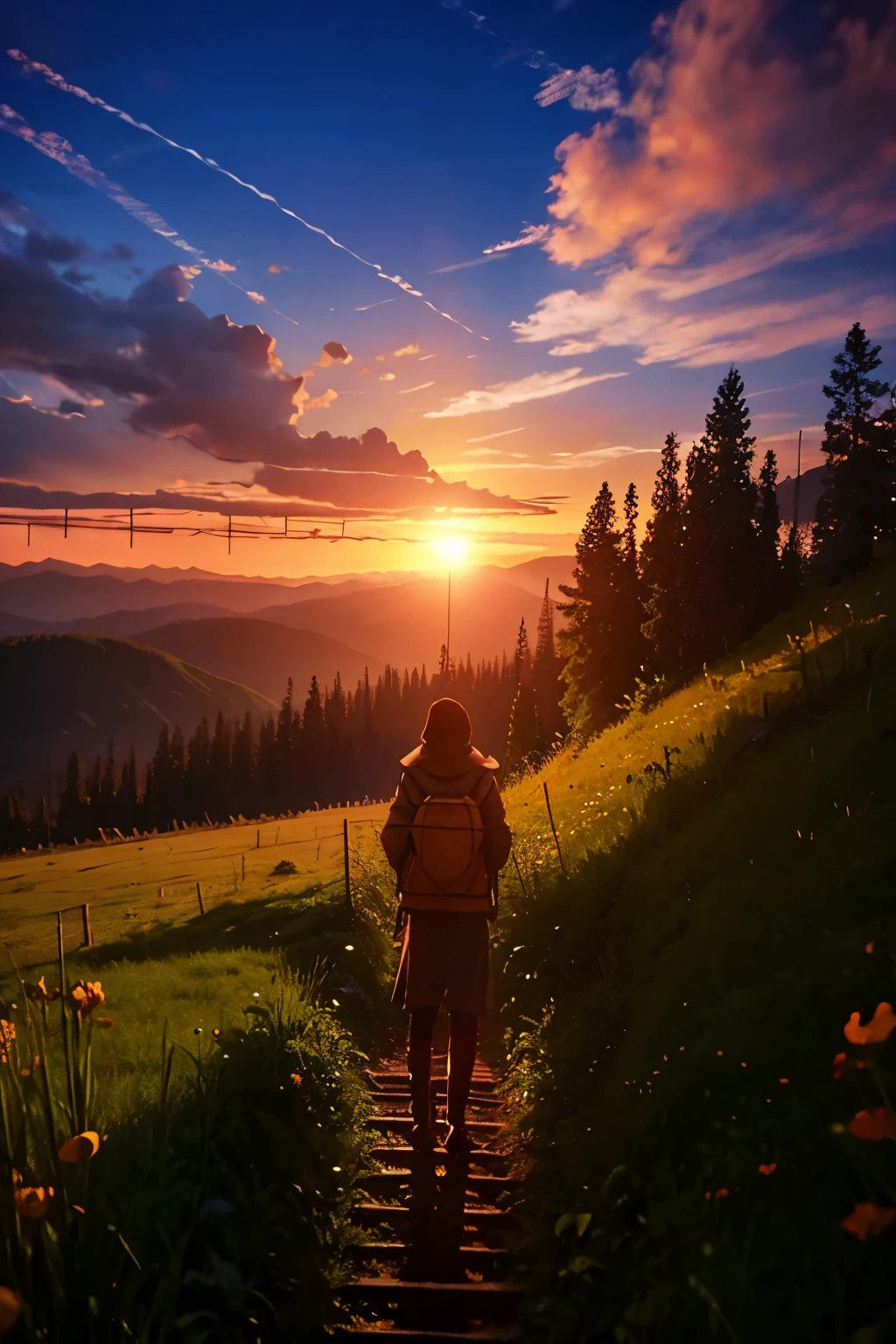(Highest quality:1.2)。Wilderness Sunset。A person can be seen in the distance sitting on the ground making a bonfire。