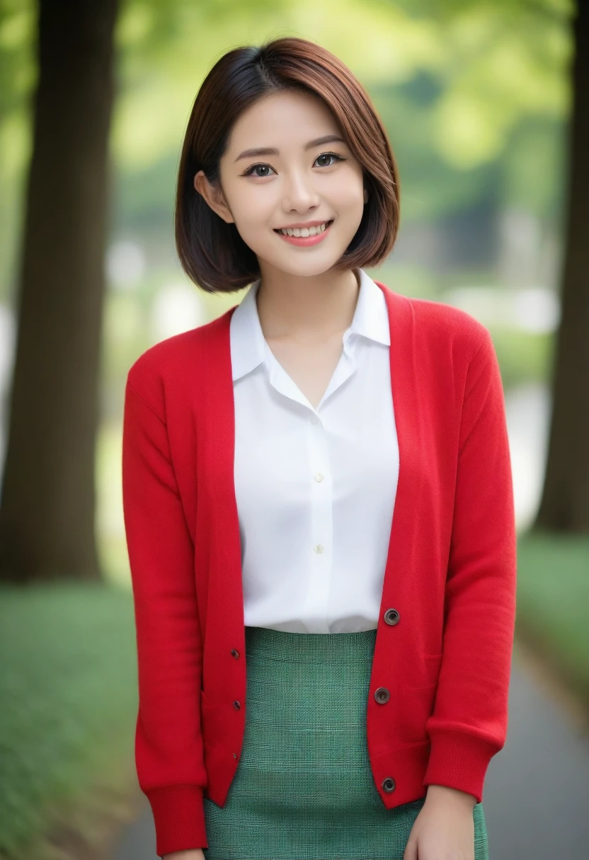 8k, Ultra-high resolution, Highest quality, masterpiece, 三分割法によるphotograph,Surreal, photograph, 1 girl, (16 years old:1.3), pretty girl, Cute face, Beautiful eyes in every detail, 細かくdetailedに,masterpiece,, One Girl:1.2, Japan Female Announcer,whole body,Young Wife,Urban area,street tree,green,White collared shirt,Red summer knit cardigan,Pencil Skirt、Full of cleanliness,A carefree smile,Healing the heart,Short Bob,Looking at the audience、beauty,Long neck、Laugh a little、Please close your mouth and laugh、(((Ideal body type))),A-cup small breasts :2,、Portraiture:2、Perfect Anatomy、鮮明なdetailed、detailed、Surreal、Light and shadow,Strong light 
