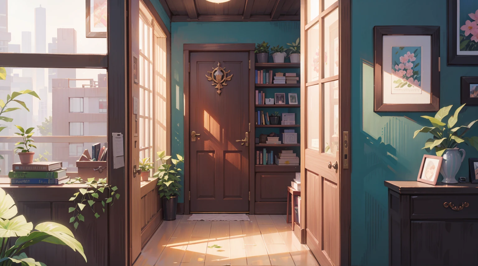 (Masterpiece), Best quality, Ultra-high resolution, detailed structure, Detailed architecture, (Warm pastel colors), indoor，（nobody：1.5）， plant, Stamens, indoor。（pink：1.5）