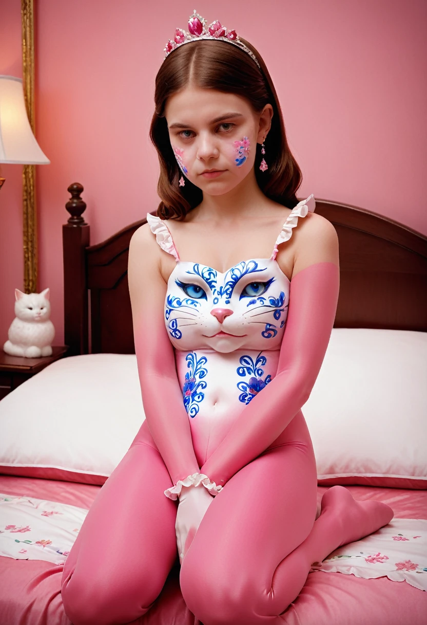(Style-Princess, fflixbom, white and pink cat facepaint) (1 man, 1 catgirl) (hetero, couple) (crossdressing, fully clothed) (brown hair, blue eyes) (portrait) (women's clothes only) (women's beautifully feminine skintight velvet floral print frilly girly pink adorable ballet leotards) (white opaque tights, no shoes) (tiaras, pink shoulder-length silk gloves:1.3) (woman's bedroom, four-poster bed) (lying down, hugging, bending knee) (intimacy, playfulness, closeness)