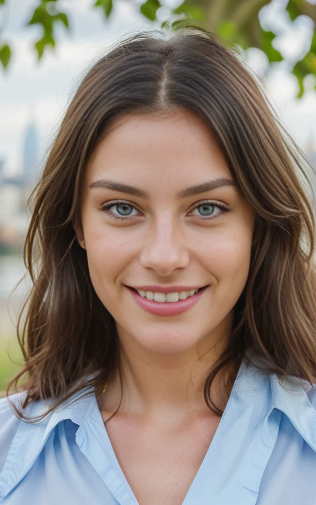very happy smiling, beautiful brunette smiling wearing office clothes having lunch in a london park, (London in the background, very detailed, 40 years, innocent face, long hair, natural wavy, blue eyes, high resolution, masterpiece, best quality, intricate details, highly detailed, sharp focus, detailed skin, realistic skin texture, texture, detailed eyes, professional, 4k, charming smile, shot on Canon, 85mm, shallow depth of field, kodak vision color, perfect fit body, extremely detailed, foto_\(ultra\), photorealistic, realistic, post-processing, maximum detail, roughness, real life, ultra realistic, photorealism, photography, 8k uhd, photography, busty