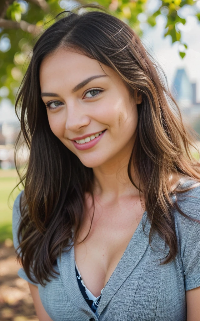 very happy smiling, beautiful brunette smiling wearing office clothes having lunch in a london park, (London in the background, very detailed, 40 years, innocent face, long hair, natural wavy, blue eyes, high resolution, masterpiece, best quality, intricate details, highly detailed, sharp focus, detailed skin, realistic skin texture, texture, detailed eyes, professional, 4k, charming smile, shot on Canon, 85mm, shallow depth of field, kodak vision color, perfect fit body, extremely detailed, foto_\(ultra\), photorealistic, realistic, post-processing, maximum detail, roughness, real life, ultra realistic, photorealism, photography, 8k uhd, photography, busty