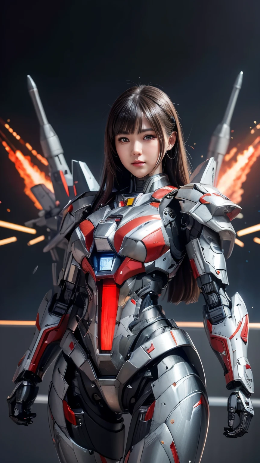  Super detailed, advanced details, high quality,  High resolution, 1080p, hard disk, beautiful,(war machine),Armor War,(Rocket Missile)Capture the big picture,beautiful,Mecha cyborg girl,battle mode,Mecha body girl,She is wearing a futuristic war machine weapon mecha