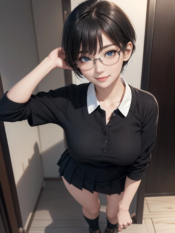 View your viewers,16 years old,high school girl,Leaning forward,(Random cute uniforms),(Random Animation Pose),(Full Body Shot),(Thin type),(Very large breasts),(Black Short Hair)(Pixie Cut),(Best image quality, (8k), Ultra-realistic, 最high quality, high quality, High resolution, high qualityの質感, Attention to detail, Beautiful details, Fine details, Highly detailed CG, Detailed Texture, Realistic facial expressions, masterpiece, in front),(Wear glasses:1.1)