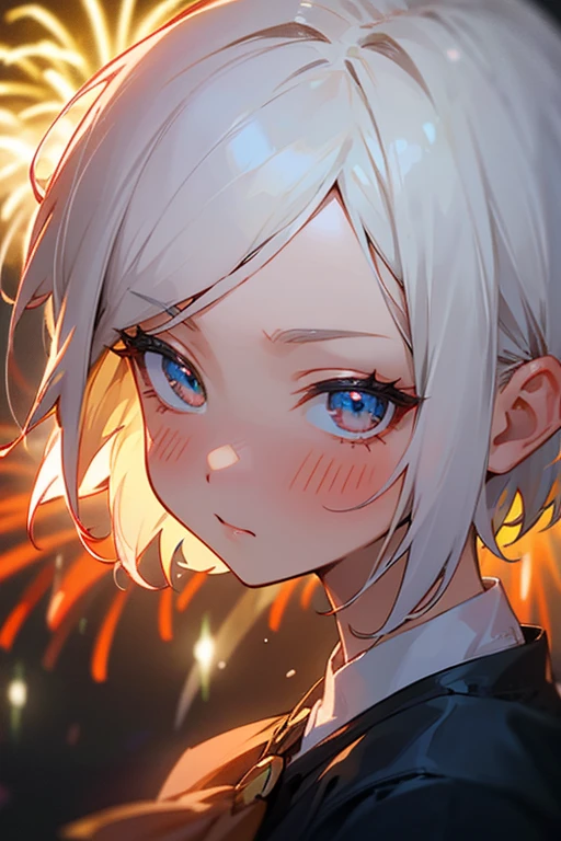 Short white hair, blush, Headbang 2.、cute、Beautiful woman、Fireworks display、Watch the viewer、Yellow or blue、Red fireworks、Face close-up、