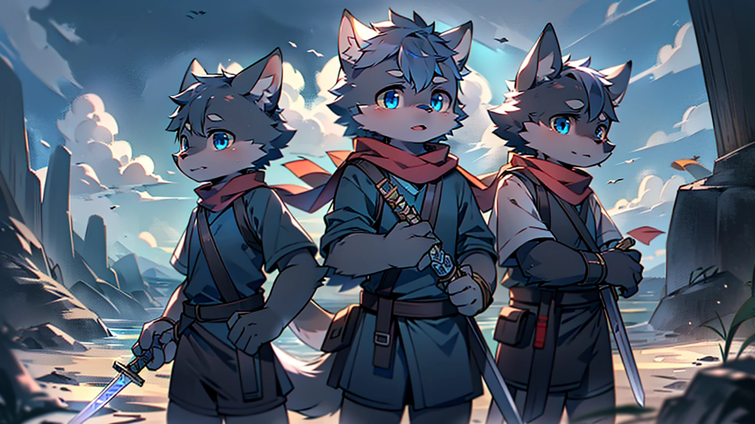 Wolf,juvenile,male,Gray-black fur,Sky blue eyes,Ancient combat uniform,scarf,Holding a long sword,Scabbard back,permanent,The only one,dawn,illumination,Break