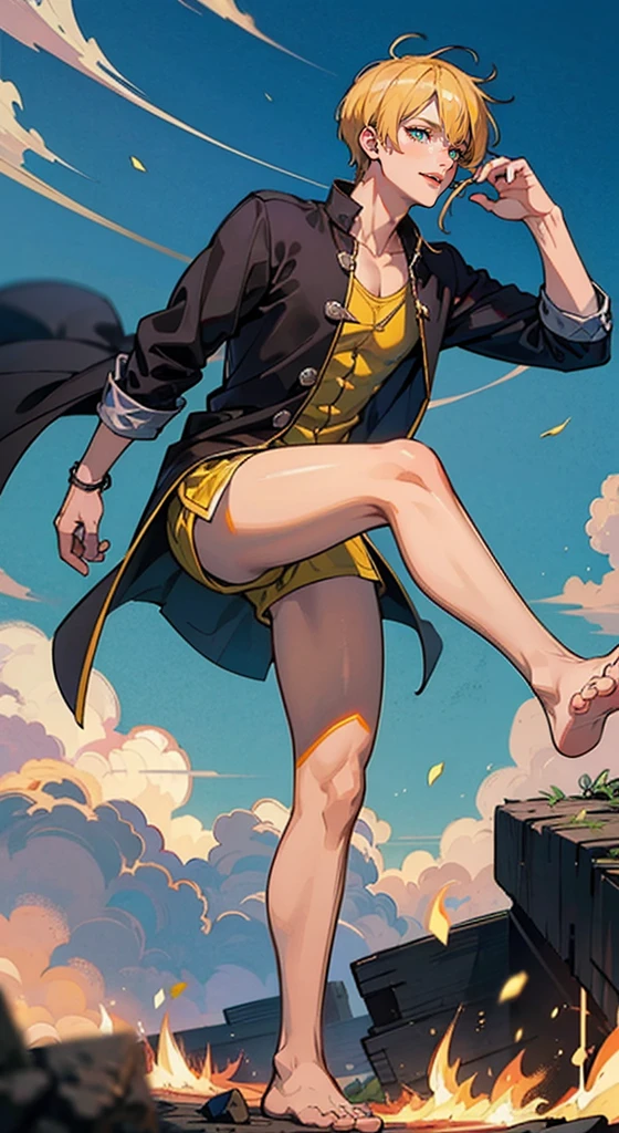 (Qualidade 4k),Kuro ashi no sanji(Qualidade 4k),Kuro ashi no sanji, 1 menino, Roupa Nike, blue skies, ((foot on fire