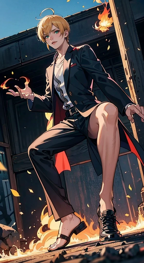 (Qualidade 4k),Kuro ashi no sanji(Qualidade 4k),Kuro ashi no sanji, 1 menino, Roupa Nike, blue skies, ((foot on fire