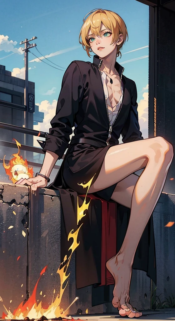 (Qualidade 4k),Kuro ashi no sanji(Qualidade 4k),Kuro ashi no sanji, 1 menino, Roupa Nike,  blue skies, ((foot on fire