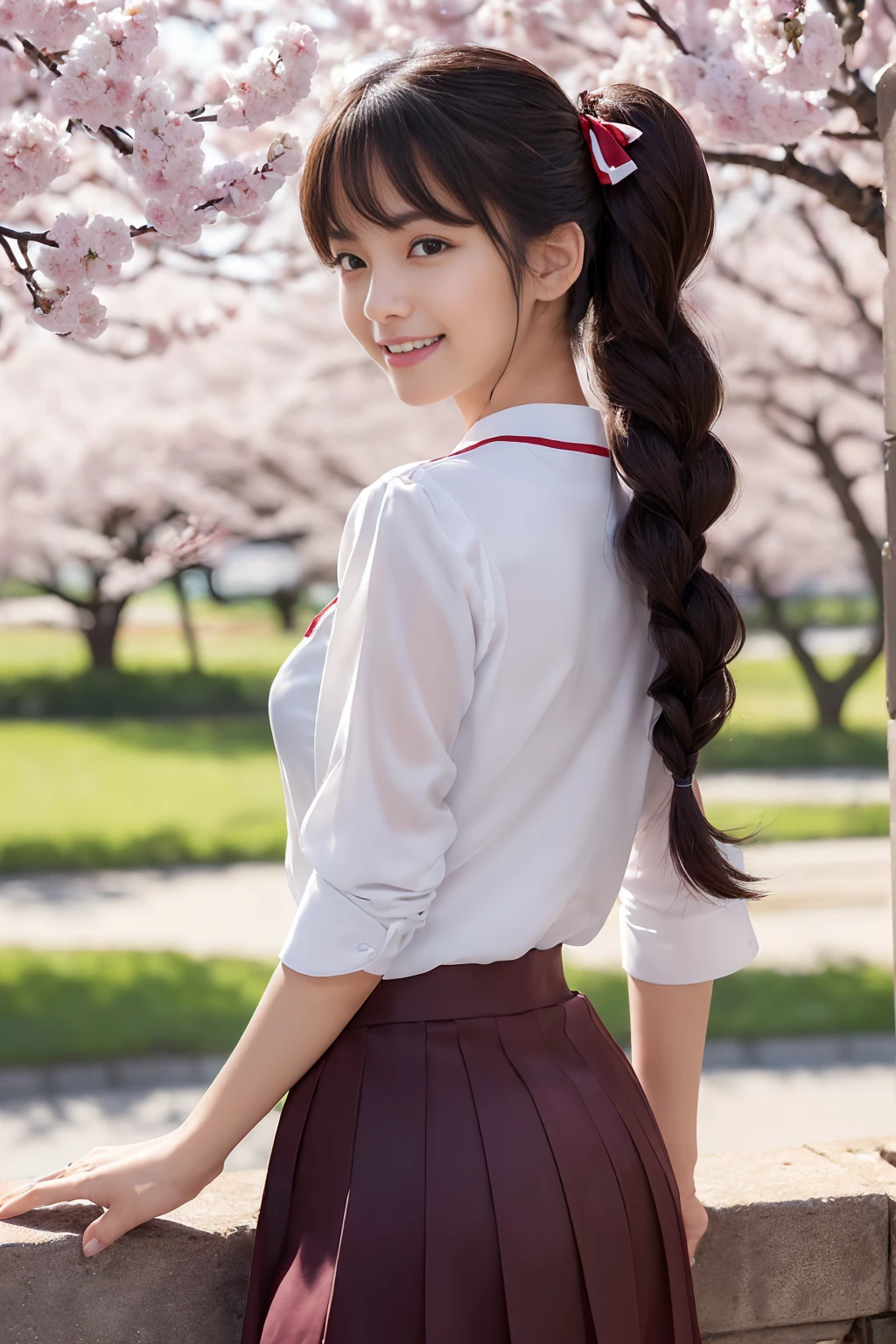 (masterpiece:1.3), High resolution, Super detailed, Very detailed, CG, Unity, 8k wallpaper, Realistic, photo-Realistic, RAW Photos, Raw photo, (8K, Highest quality, masterpiece:1.2), (Photorealistic:1.4), Beautifully detailed face, Perfect and beautiful face, Beautiful and elaborate face, Accurate, Very detailed顔と肌の質感, Surface Details, Detailed hair texture, Perfect body, (Fair skin:1.2), Fine grain, Beautiful eyes in every detail, Slim face and figure, Big eyes, (Glossy Lips, Natural color lip:1.4), ((A sexy, sensual smile, A charming, sexy smile:1.4)), ((pretty girl, Random stylish hairstyles:1.4)), ((16 year old Japanese high school girl。She is wearing a tight sailor uniform.、The navy blue skirt accentuates the lines of her thighs and buttocks.。White blouse、Characterized by a red ribbon、Have a sexy charm。Her hair is straight and down to her shoulders、Bangs are blunt。She has a slightly seductive smile、He has a textbook in his hand。A spring landscape with cherry trees in full bloom in the background。The school building can be seen in the background.。The pose is a slight twist of the body.、The thighs and buttocks stand out prominently:1.4)), (Staring at the audience:1.3), ((Sexy shot of the camera, Bold sexy pose:1.3)), (Detailed Background:1.2), Perfect dynamic composition