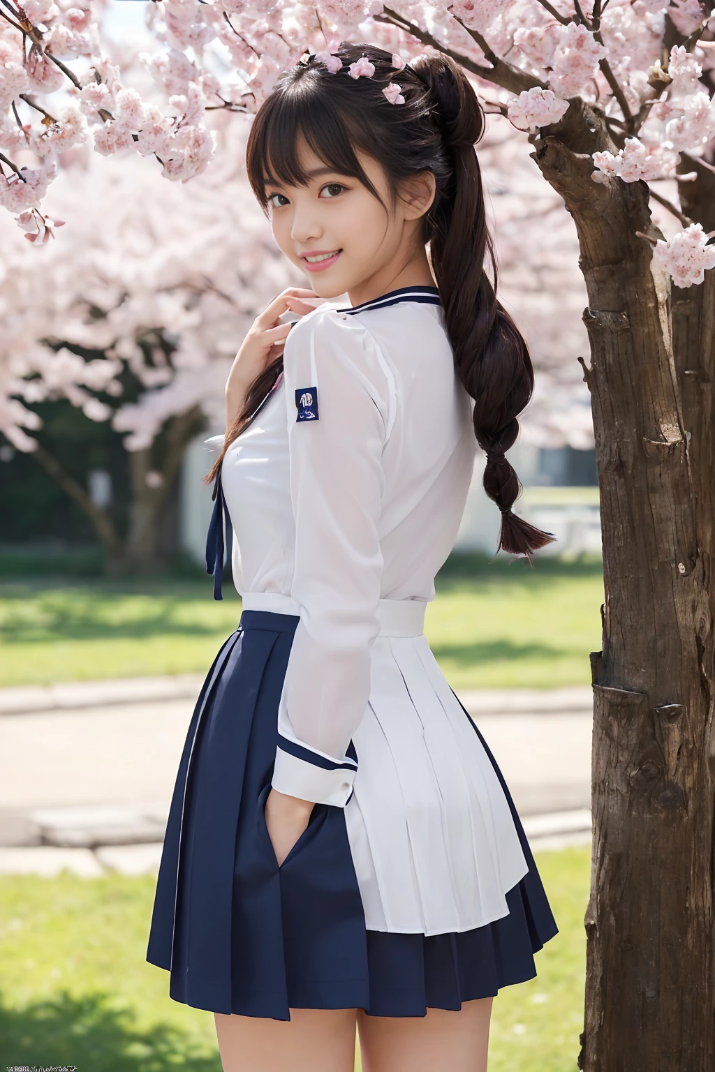 (masterpiece:1.3), High resolution, Super detailed, Very detailed, CG, Unity, 8k wallpaper, Realistic, photo-Realistic, RAW Photos, Raw photo, (8K, Highest quality, masterpiece:1.2), (Photorealistic:1.4), Beautifully detailed face, Perfect and beautiful face, Beautiful and elaborate face, Accurate, Very detailed顔と肌の質感, Surface Details, Detailed hair texture, Perfect body, (Fair skin:1.2), Fine grain, Beautiful eyes in every detail, Slim face and figure, Big eyes, (Glossy Lips, Natural color lip:1.4), ((A sexy, sensual smile, A charming, sexy smile:1.4)), ((pretty girl, Random stylish hairstyles:1.4)), (( Japanese high school girl。She is wearing a tight sailor uniform.、The navy blue skirt accentuates the lines of her thighs and buttocks.。White blouse、Characterized by a red ribbon、Have a sexy charm。Her hair is straight and down to her shoulders、Bangs are blunt。She has a slightly seductive smile、He has a textbook in his hand。A spring landscape with cherry trees in full bloom in the background。The school building can be seen in the background.。The pose is a slight twist of the body.、The thighs and buttocks stand out prominently:1.4)), (Staring at the audience:1.3), ((Sexy shot of the camera, Bold sexy pose:1.3)), (Detailed Background:1.2), Perfect dynamic composition