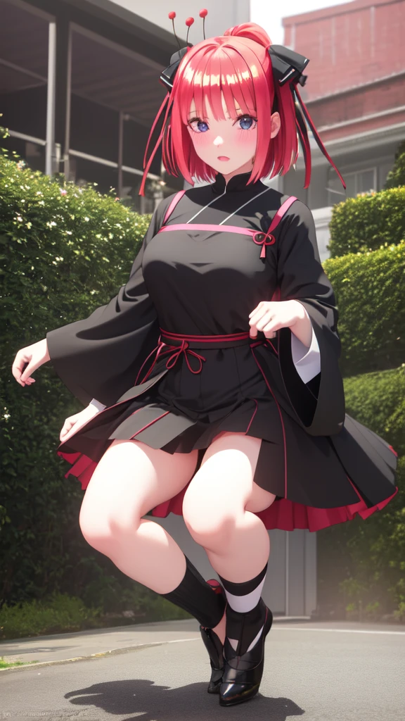 nino nakano, short hair, bangs, blue eyes, hair ornaments, Hair Ribbon, Pink Hair, blunt bangs, Both sides up, butterfly hair ornaments, skirt, Off the shoulder、Random color see-through kunoichi costume、Japanese see-through female samurai costume、See-through female ninja costume,, Open clothes, Collared dress emphasizes cleavage、胸の谷間のSweat is noticeable,, 満開のcherry blossoms、cherry blossoms、Open-air bath、Outdoor、Professional lighting light reflection、 looking at viewer, (masterpiece:1.2), Highest quality, High resolution, unity 8k wallpaper, (figure:0.8), (Beautiful fine details:1.6), Highly detailed face, Perfect lighting, Highly detailed CG, (Perfect hands, Perfect Anatomy),heavy rain、heavy rainで全身びしょ濡れ、heavy rainで全身びしょ濡れの服、High heels、 ((Perfect handsの形))、(Perfect foot shape、Embarrassed expression blushing、、Gestures to seduce a man、Obscene pose、Shining Sweat、Perfect Skin,Sweat is noticeable、太もものSweat is noticeable、、 Fair skin,Tight waist, Sweating profusely、Sweaty hair、Sweaty clothes、Sweaty、Visible sweat、rain-wet hair