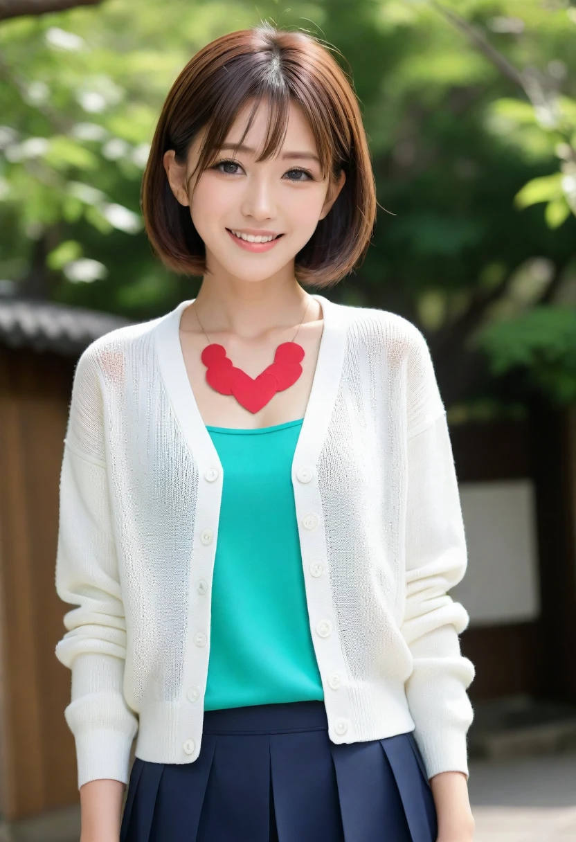 8k, Ultra-high resolution, Highest quality, masterpiece, 三分割法によるphotograph,Surreal, photograph, 1 girl, (16 years old:1.3), pretty girl, Cute face, Beautiful eyes in every detail, 細かくdetailedに,masterpiece,, One Girl:1.2, Japan Female Announcer,whole body,Young Wife,Urban area,street tree,green,White collared shirt,Summer knit cardigan,Pencil Skirt、Full of cleanliness,A carefree smile,Healing the heart,Short Bob,Looking at the audience、beauty,Long neck、Laugh a little、Please close your mouth and laugh、(((Ideal body type))),A-cup small breasts :2,、Portraiture:2、Perfect Anatomy、鮮明なdetailed、detailed、Surreal、Light and shadow,Strong light
