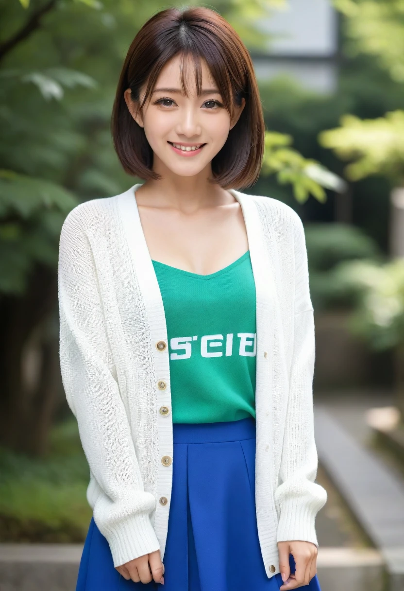 8k, Ultra-high resolution, Highest quality, masterpiece, 三分割法によるphotograph,Surreal, photograph, 1 girl, (:1.3), pretty girl, Cute face, Beautiful eyes in every detail, 細かくdetailedに,masterpiece,, One Girl:1.2, Japan Female Announcer,whole body,Young Wife,Urban area,street tree,green,White collared shirt,Summer knit cardigan,Pencil Skirt、Full of cleanliness,A carefree smile,Healing the heart,Short Bob,Looking at the audience、beauty,Long neck、Laugh a little、Please close your mouth and laugh、(((Ideal body type))),A-cup small breasts :2,、Portraiture:2、Perfect Anatomy、鮮明なdetailed、detailed、Surreal、Light and shadow,Strong light