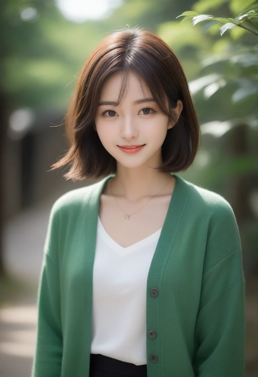 8k, Ultra-high resolution, Highest quality, masterpiece, 三分割法によるphotograph,Surreal, photograph, 1 girl, (16 years old:1.3), pretty girl, Cute face, Beautiful eyes in every detail, 細かくdetailedに,masterpiece,, One Girl:1.2, Japan Female Announcer,whole body,Young Wife,Urban area,street tree,green,White collared shirt,Summer knit cardigan,Pencil Skirt、Full of cleanliness,A carefree smile,Healing the heart,Short Bob,Looking at the audience、beauty,Long neck、Laugh a little、Please close your mouth and laugh、(((Ideal body type))),A-cup small breasts :2,、Portraiture:2、Perfect Anatomy、鮮明なdetailed、detailed、Surreal、Light and shadow,Strong light 