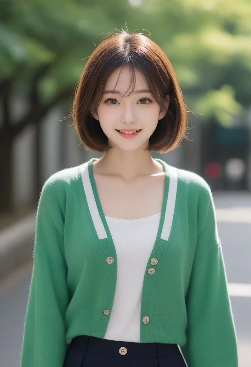 8k, Ultra-high resolution, Highest quality, masterpiece, 三分割法によるphotograph,Surreal, photograph, 1 girl, (:1.3), pretty girl, Cute face, Beautiful eyes in every detail, 細かくdetailedに,masterpiece,, One Girl:1.2, Japan Female Announcer,whole body,Young Wife,Urban area,street tree,green,White collared shirt,Summer knit cardigan,Pencil Skirt、Full of cleanliness,A carefree smile,Healing the heart,Short Bob,Looking at the audience、beauty,Long neck、Laugh a little、Please close your mouth and laugh、(((Ideal body type))),A-cup small breasts :2,、Portraiture:2、Perfect Anatomy、鮮明なdetailed、detailed、Surreal、Light and shadow,Strong light