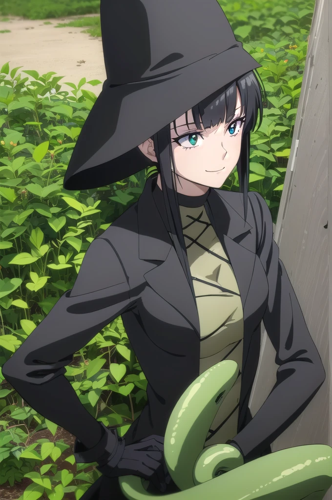 (masterpiece, Highest quality, Super detailed, High resolution), One girl, Snake-eyes, Sagging under the eyes, Only Female, Long Hair, Blunt bangs, Black Hair:1.2, Green Eyes, Mature Woman, Sleeveless turtleneck , A kind smile, Face Focus, Witch Hat, Goth Girl, Dark clothing