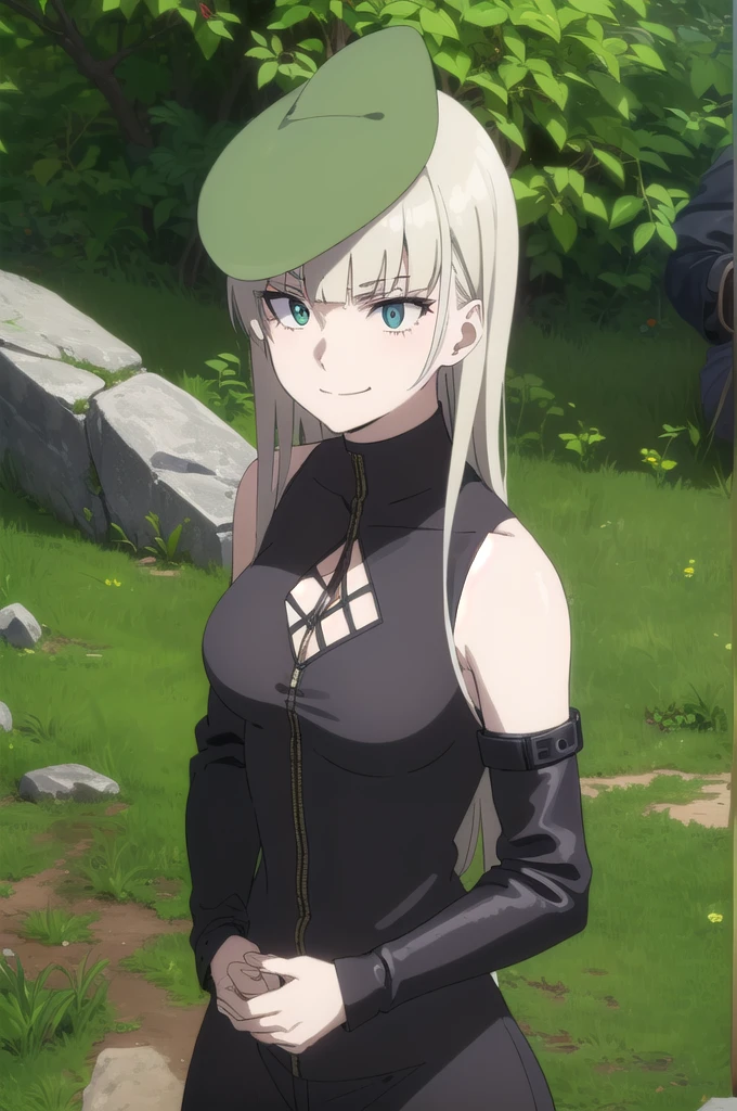 (masterpiece, Highest quality, Super detailed, High resolution), One girl, Snake-eyes, Sagging under the eyes, Only Female, Long Hair, Blunt bangs, Black Hair:1.2, Green Eyes, Mature Woman, Sleeveless turtleneck , A kind smile, Face Focus, Witch Hat, Goth Girl, Dark clothing