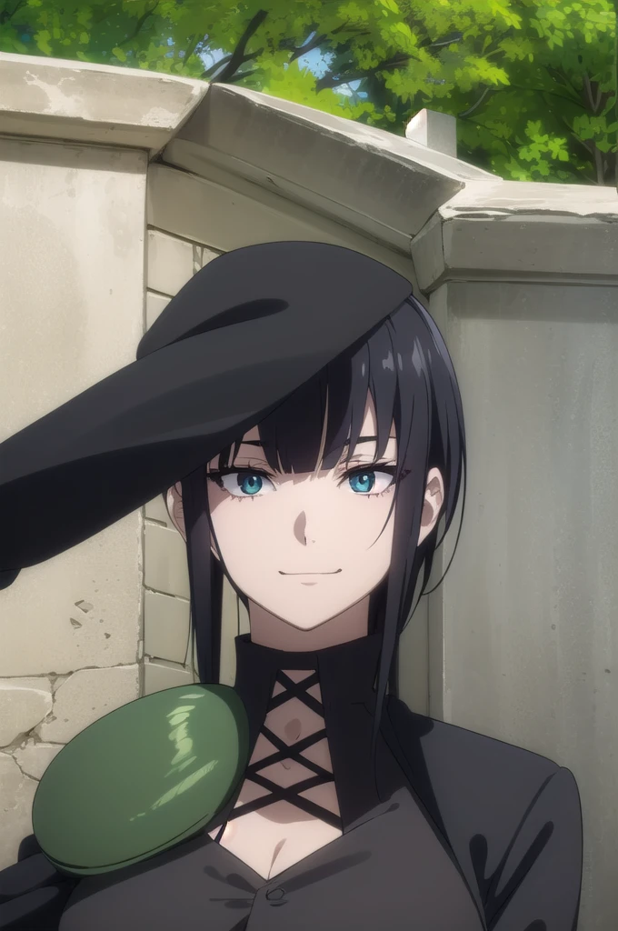 (masterpiece, Highest quality, Super detailed, High resolution), One girl, Snake-eyes, Sagging under the eyes, Only Female, Long Hair, Blunt bangs, Black Hair:1.2, Green Eyes, Mature Woman, Sleeveless turtleneck , A kind smile, Face Focus, Witch Hat, Goth Girl, Dark clothing