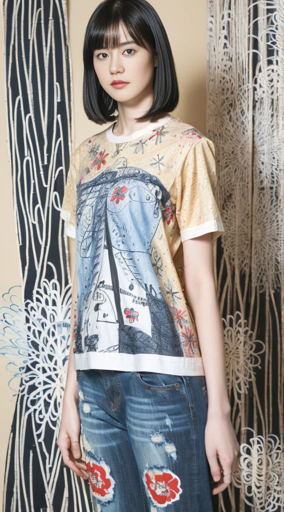 (Black Shorthair:1.2), (a 20 yo woman), (A hyper-realistic), (Masterpiece), (8KUHD), Looking at the camera, Slender waist, Wearing jeans, ((Floral Clothing - T-Shirts)), large full breasts, abstract painting, (doodle:1.46)