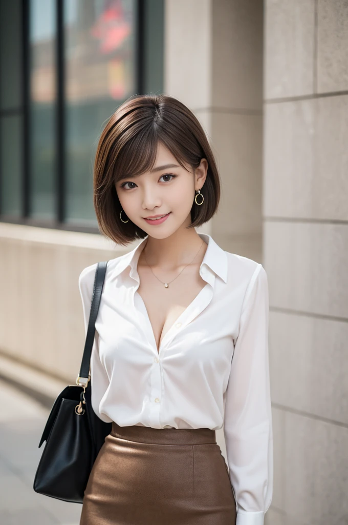 Day本の女の子, One girl, alone, ((((short hair)))), ((((Brown Hair)))), Lip gloss, delicate, Beautiful details, (Fine grain), Beautiful and clear eyes, More information Eye pupil, ((smile)), 20-year-old, Detailed clothing features, Medium chest,(have confidence, Standing position:1.2),
high quality, High resolution, 8k, Absurd, masterpiece, photograph, (Kodak Ultramax 800, 35mmフィルムロールphotograph,Detailed skin texture, masterpiece,Realistic facial skin), (Super detailed),Professional Lighting ,Physically Based Rendering,(最high quality), (Best Shadow) ,
(have confidence posing:1.2), Fine grain, 
On the street, Designer Handbags, (Black Blazer, high quality white blouse, High Waist Erotic Formal Pencil (skirt:1.1), Snowflake Earrings:1.1), Cleavage, (Day:1.1), Very detailed, Camera angle,