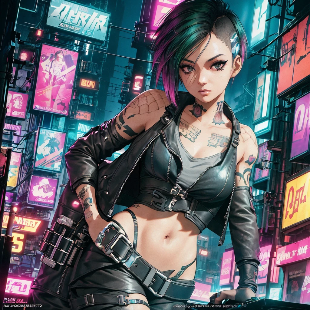 Create an anime-style, high-resolution, ultrasharp 8K masterpiece of Judy Alvarez from "Cyberpunk 2077." She has a punk-inspired look with partially shaved sides and the rest of her hair dyed in vibrant colors. Her expressive eyes are highlighted with bold, edgy makeup. She sports a series of intricate tattoos covering her neck, arms, and torso, adding to her rebellious aura. Judy wears a stylish, futuristic outfit with a mix of leather and neon accents, embodying the gritty, cyberpunk aesthetic. The background should reflect the neon-lit streets of Night City, emphasizing the urban, high-tech environment. Capture her confident, determined expression as she stands ready, showcasing her role as a skilled braindance technician and fierce protector of the marginalized.