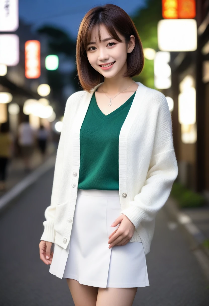 8k, Ultra-high resolution, Highest quality, masterpiece, 三分割法によるphotograph,Surreal, photograph, 1 girl, (16 years old:1.3), pretty girl, Cute face, Beautiful eyes in every detail, 細かくdetailedに,masterpiece,, One Girl:1.2, Japan Female Announcer,whole body,Young Wife,Urban area,street tree,green,White collared shirt,Summer knit cardigan,Pencil Skirt、Full of cleanliness,A carefree smile,Healing the heart,Short Bob,Looking at the audience、beauty,Long neck、Laugh a little、Please close your mouth and laugh、(((Ideal body type))),A-cup small breasts :2,、Portraiture:2、Perfect Anatomy、鮮明なdetailed、detailed、Surreal、Light and shadow,Strong light 